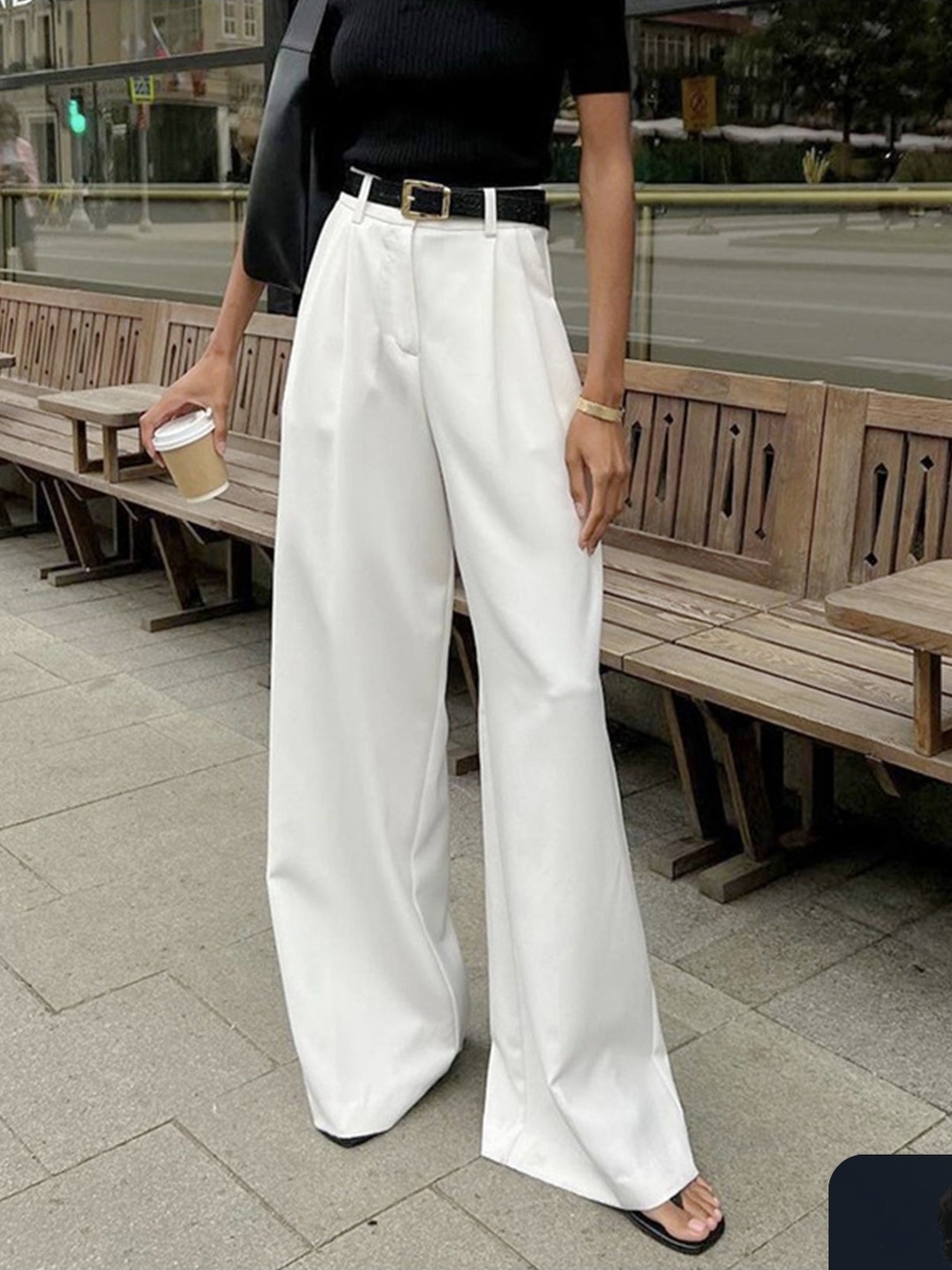 Commense White Wide-Leg High-Rise Trousers